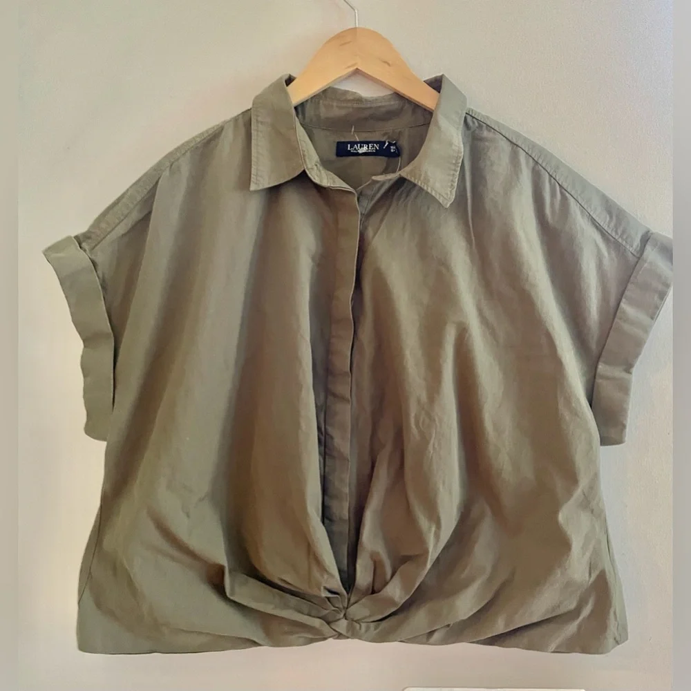 Lauren Ralph Lauren Twist-Front Cotton Broadcloth Shirt Olive green 18W-Like New - Picture 4 of 13